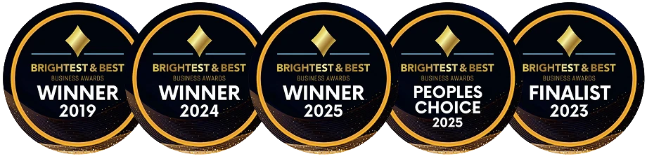 Business award badges: winner 2019, 2024 and 2025, People's Choice 2025, finalist 2023